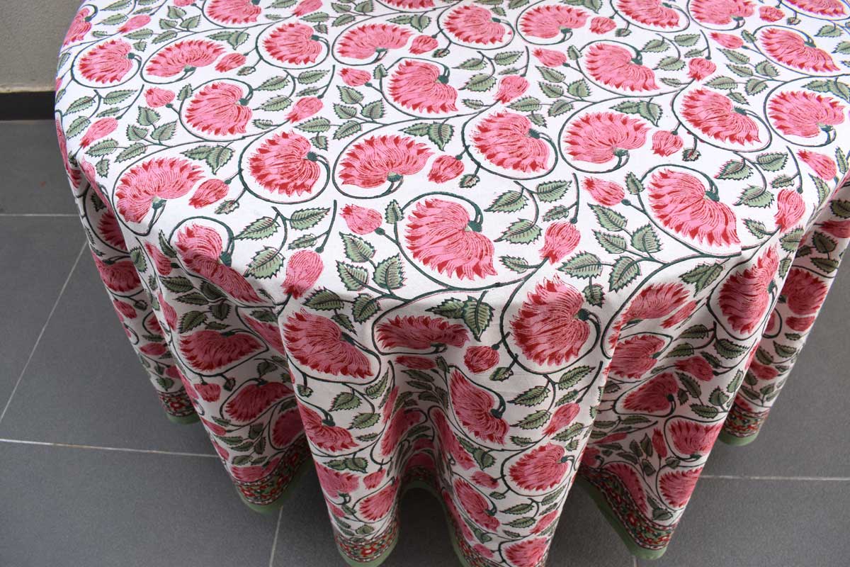 Hand Block Printed Cotton Round Tablecloth 220 cm Kamal Gulabi Open 103739