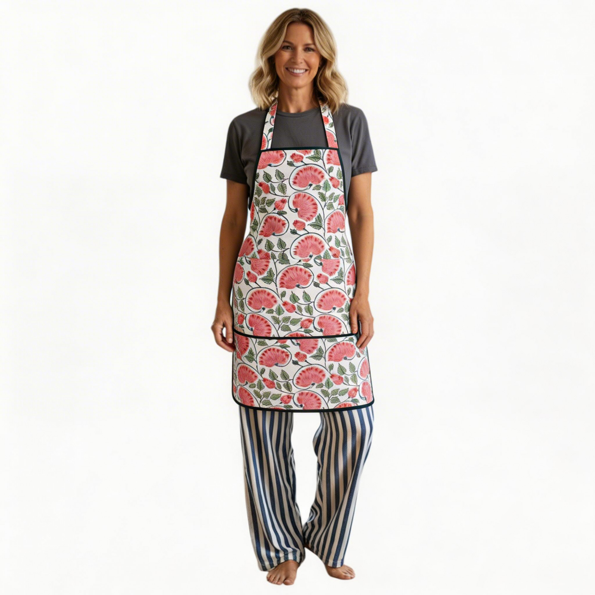 Indian Block-Printed 100 Cotton Apron Kamal Gulabi Open 103739