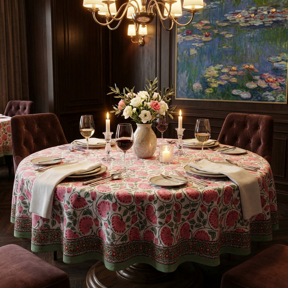 Image of Hand Block Printed Cotton Round Tablecloth 220 cm | Kamal Gulabi Open 103739