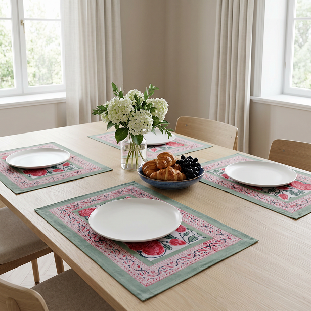 Hand Block Printed Cotton Canvas Table Mat 32x48 cms Set of 2 Table mats Kamal Gulabi Open 103739