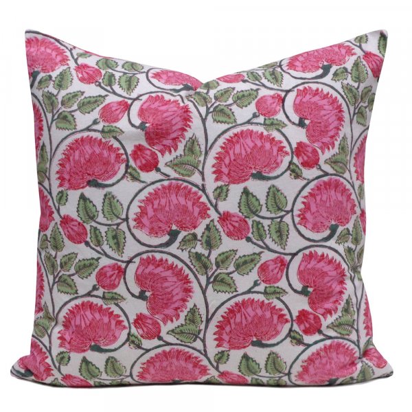 Hand Block Printed Cotton Cushion Cover 40x40 cms Kamal Gulabi Open 103739