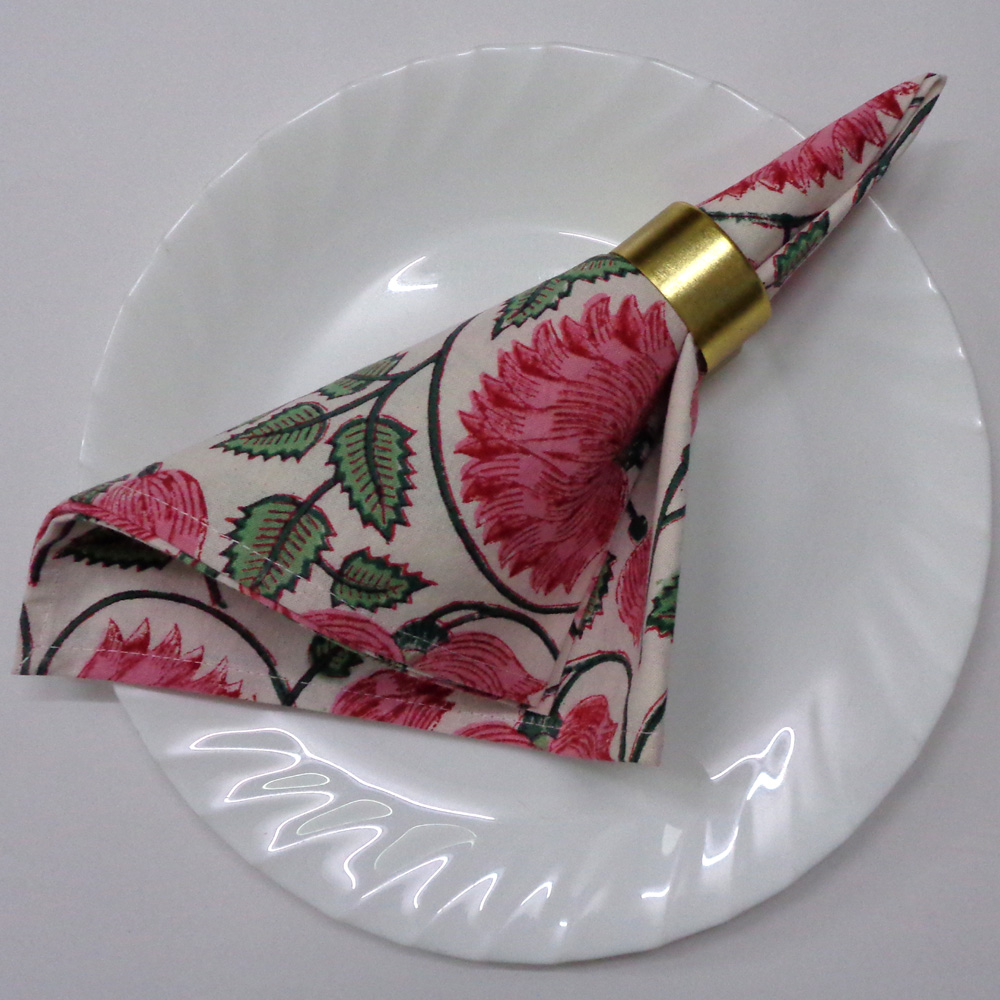 Hand Block Printed Cotton Napkin 45x45 cms Set of 4 Napkins Kamal Gulabi Open 103739