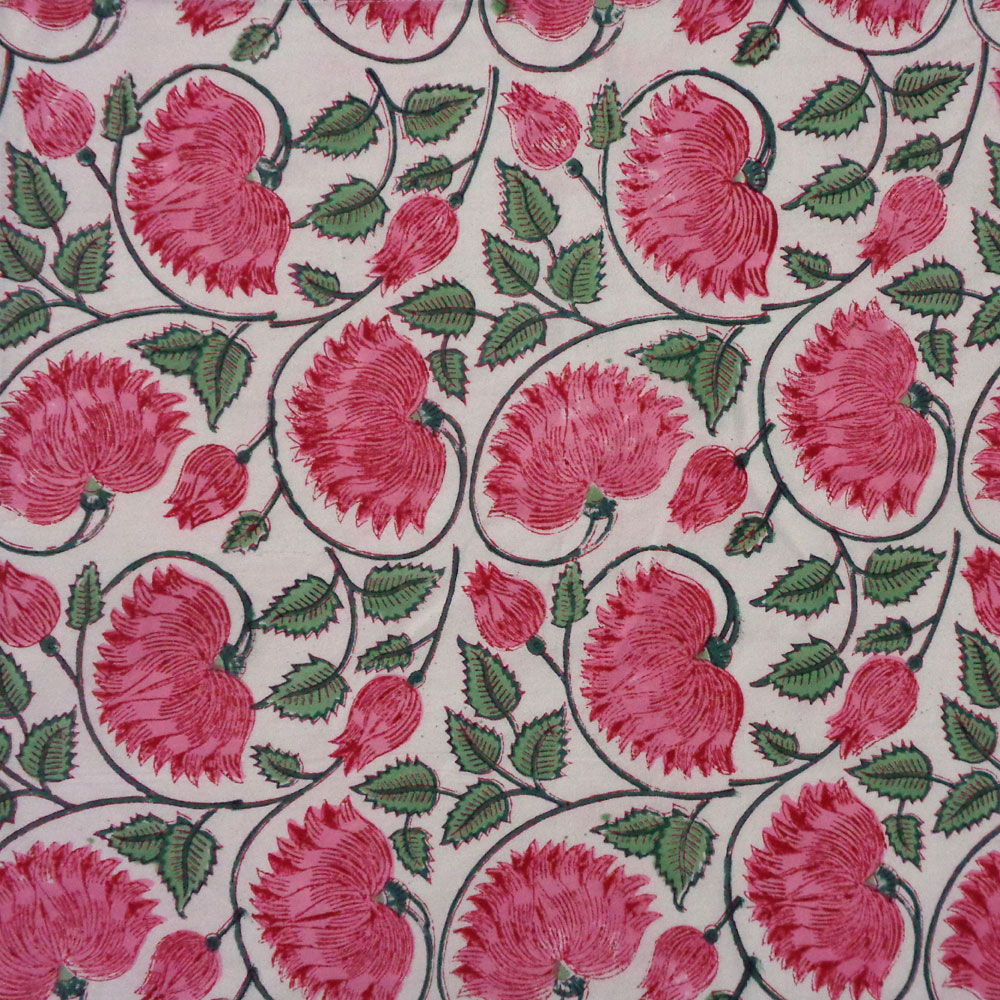 Hand Block Printed on 100 Cotton 5 Yard Fabric SANGANER Kamal Gulabi Open 103739