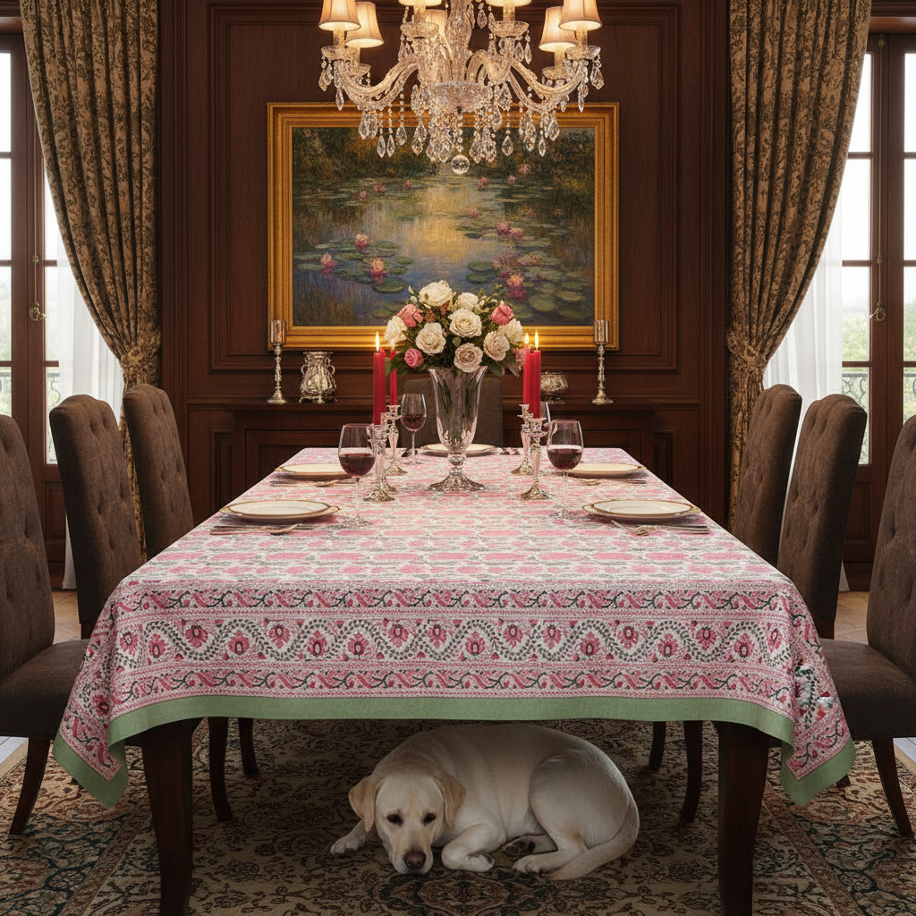 Tablecloth 12 seater in Cotton Hand Block Printed Cotton Tablecloth 180x340 cms Kamal Gulabi Open 103739
