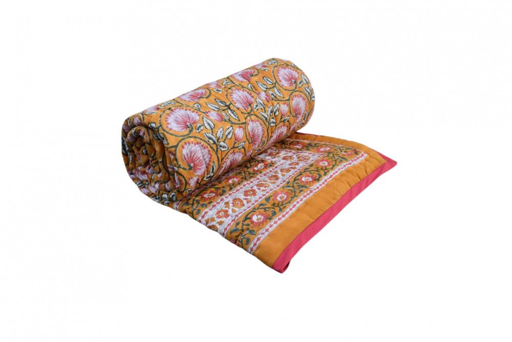 Image of Hand Block Printed Cotton Twin Size Quilt | Kamal Mustard 102016