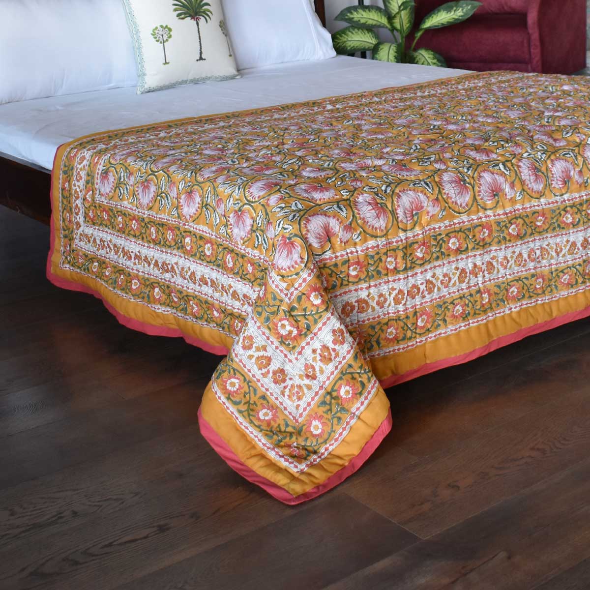 Hand Block Printed Cotton Twin Size Quilt Kamal Mustard 102016