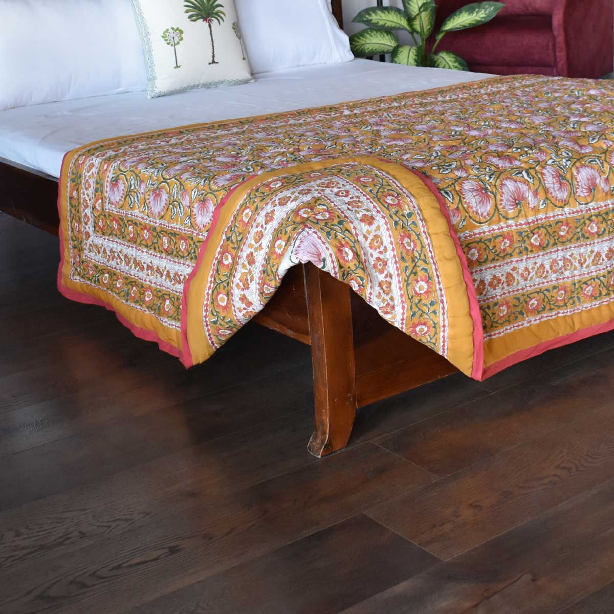 Hand Block Printed Cotton Twin Size Quilt Kamal Mustard 102016