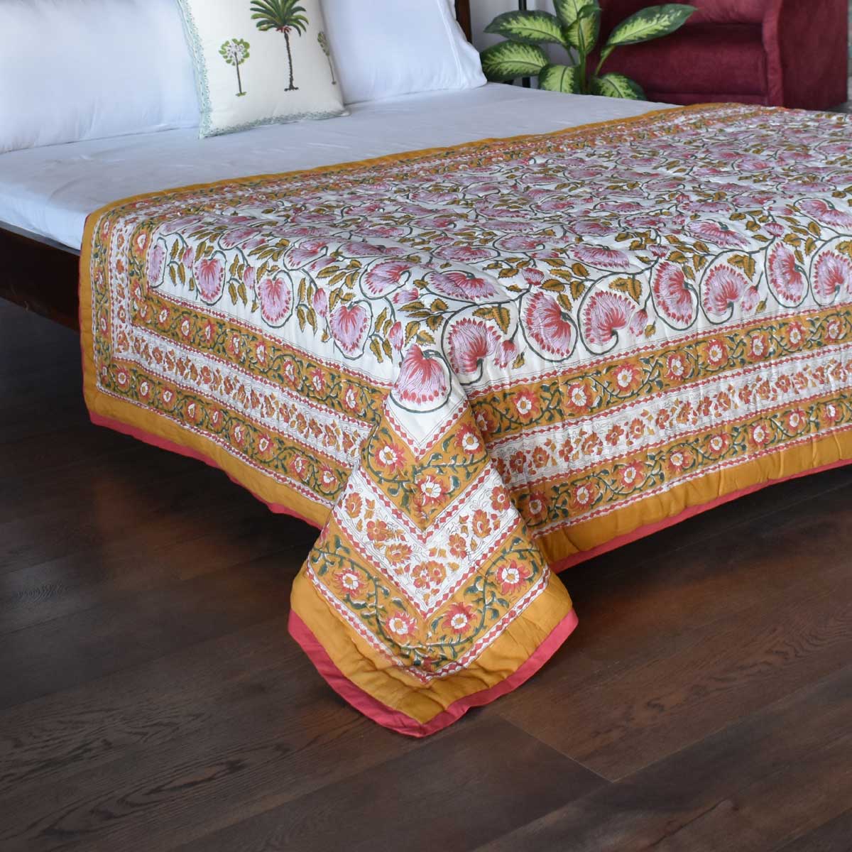 Hand Block Printed Cotton Twin Size Quilt Kamal Mustard 102016