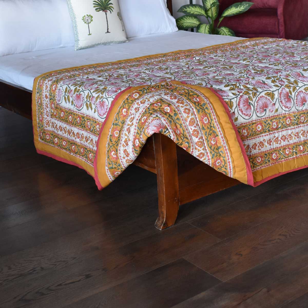 Hand Block Printed Cotton Twin Size Quilt Kamal Mustard 102016