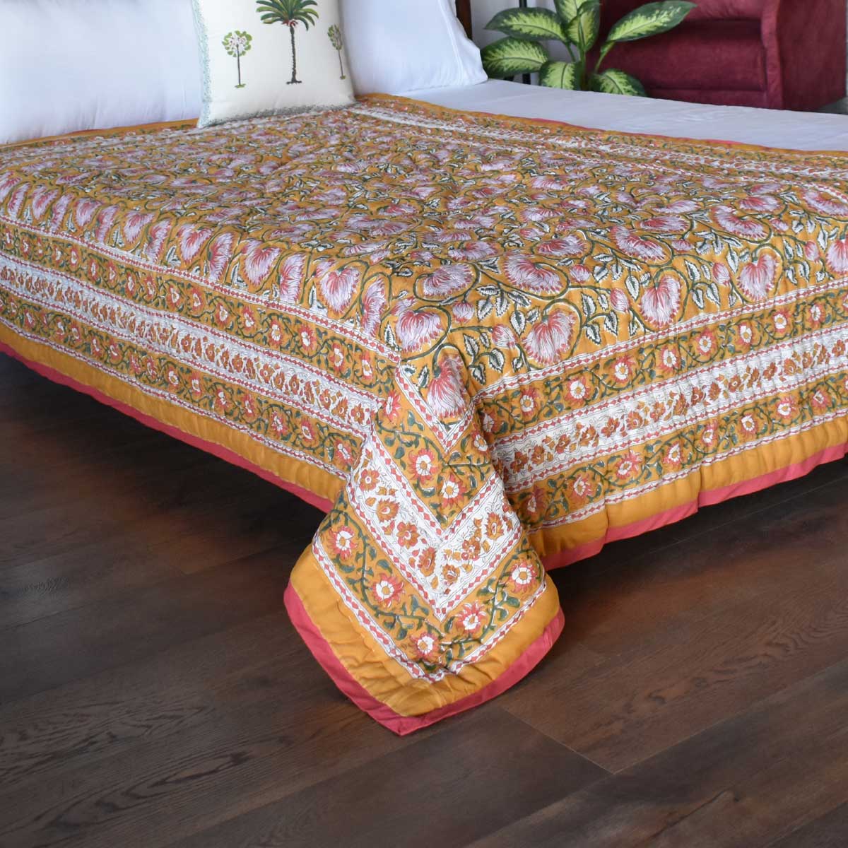 Hand Block Printed Cotton Twin Size Quilt Kamal Mustard 102016