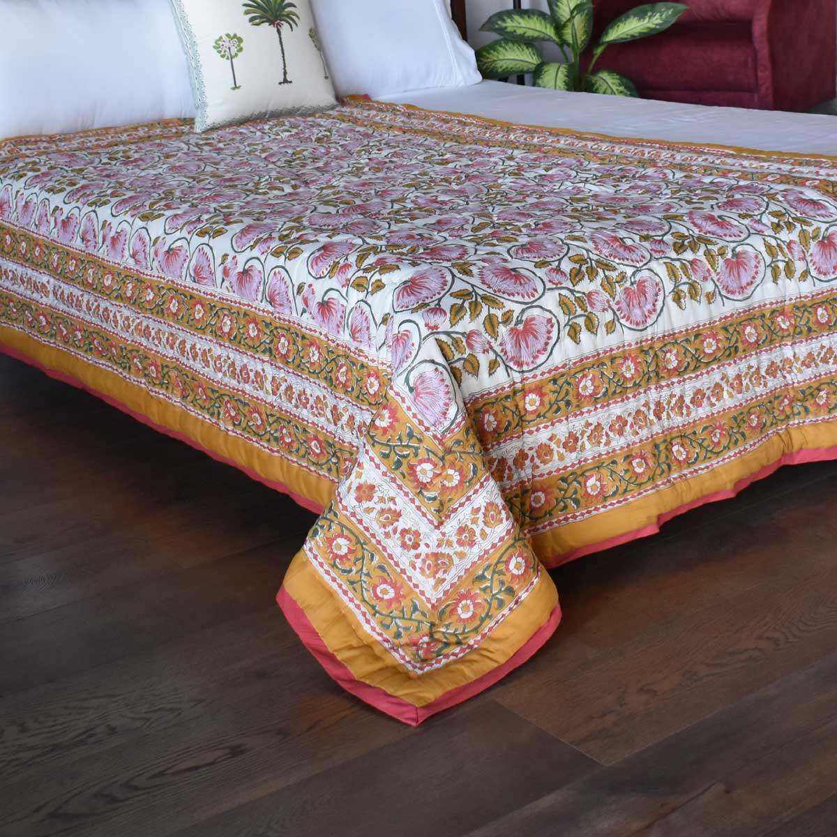 Hand Block Printed Cotton Twin Size Quilt Kamal Mustard 102016