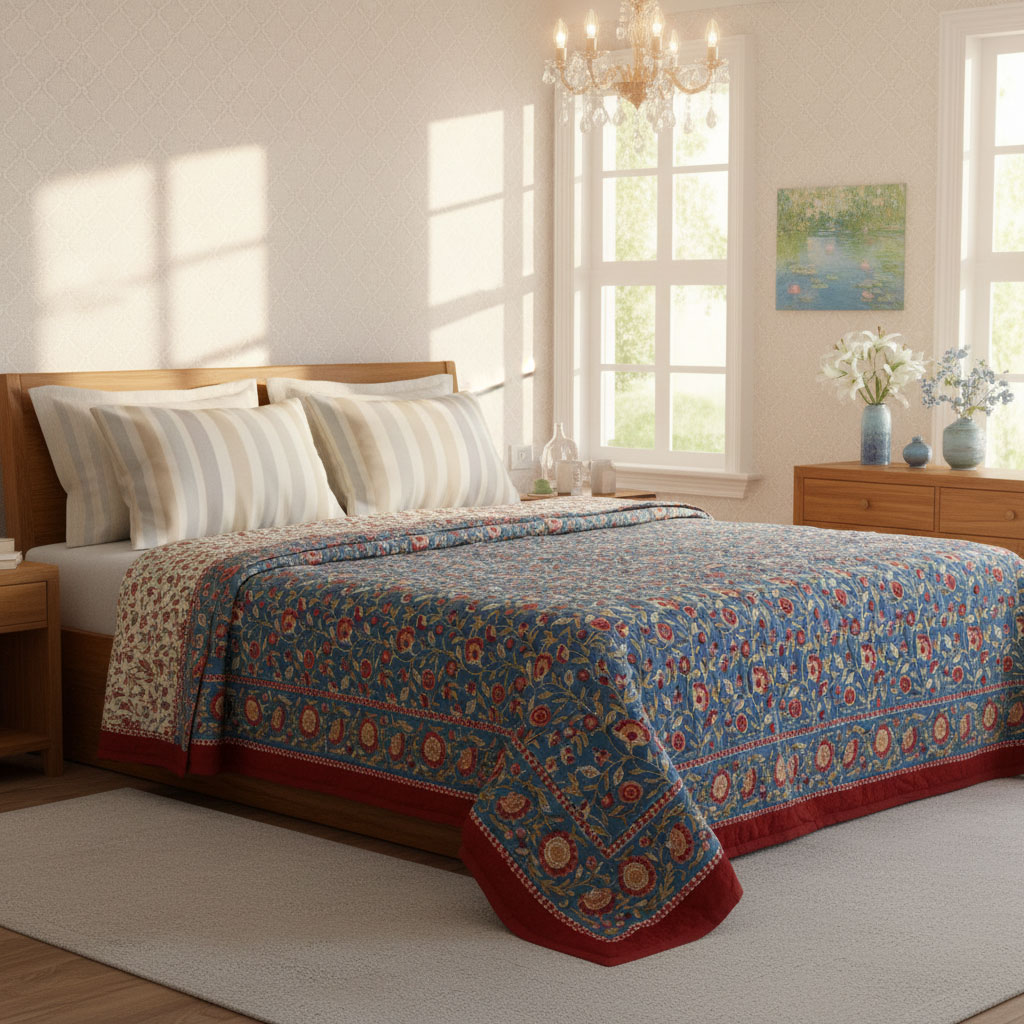 Hand Block Printed Cotton Queen Size Quilt Kashida Gud 302011