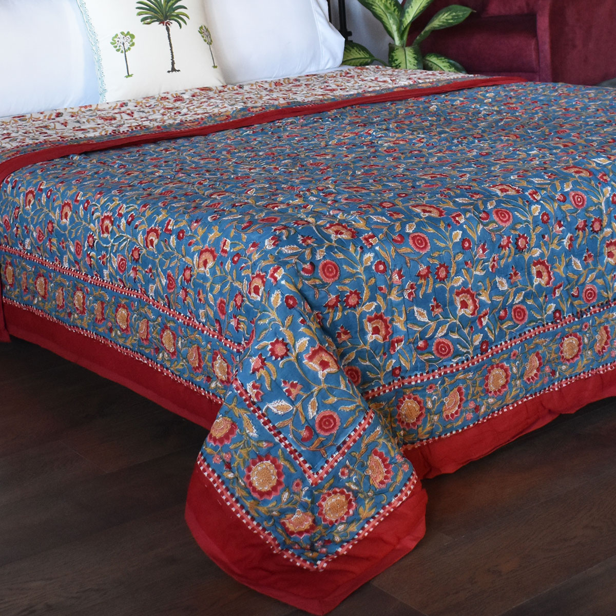 Hand Block Printed Cotton Queen Size Quilt Kashida Gud 302011