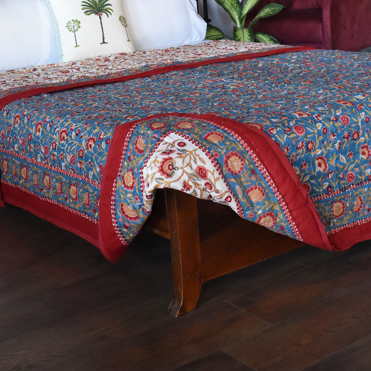 Hand Block Printed Cotton Queen Size Quilt Kashida Gud 302011