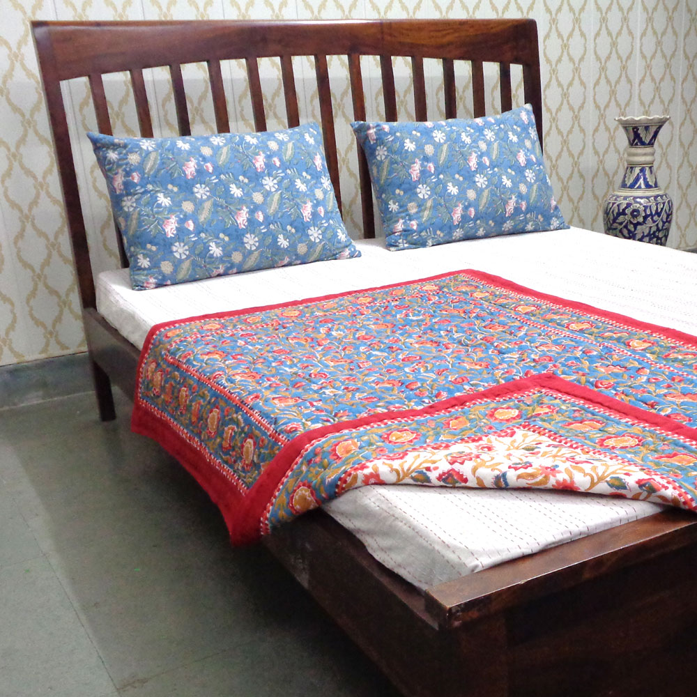 Hand Block Printed Baby Quilt 100x140 cm Jaipur Razai Kashida Gud 302011