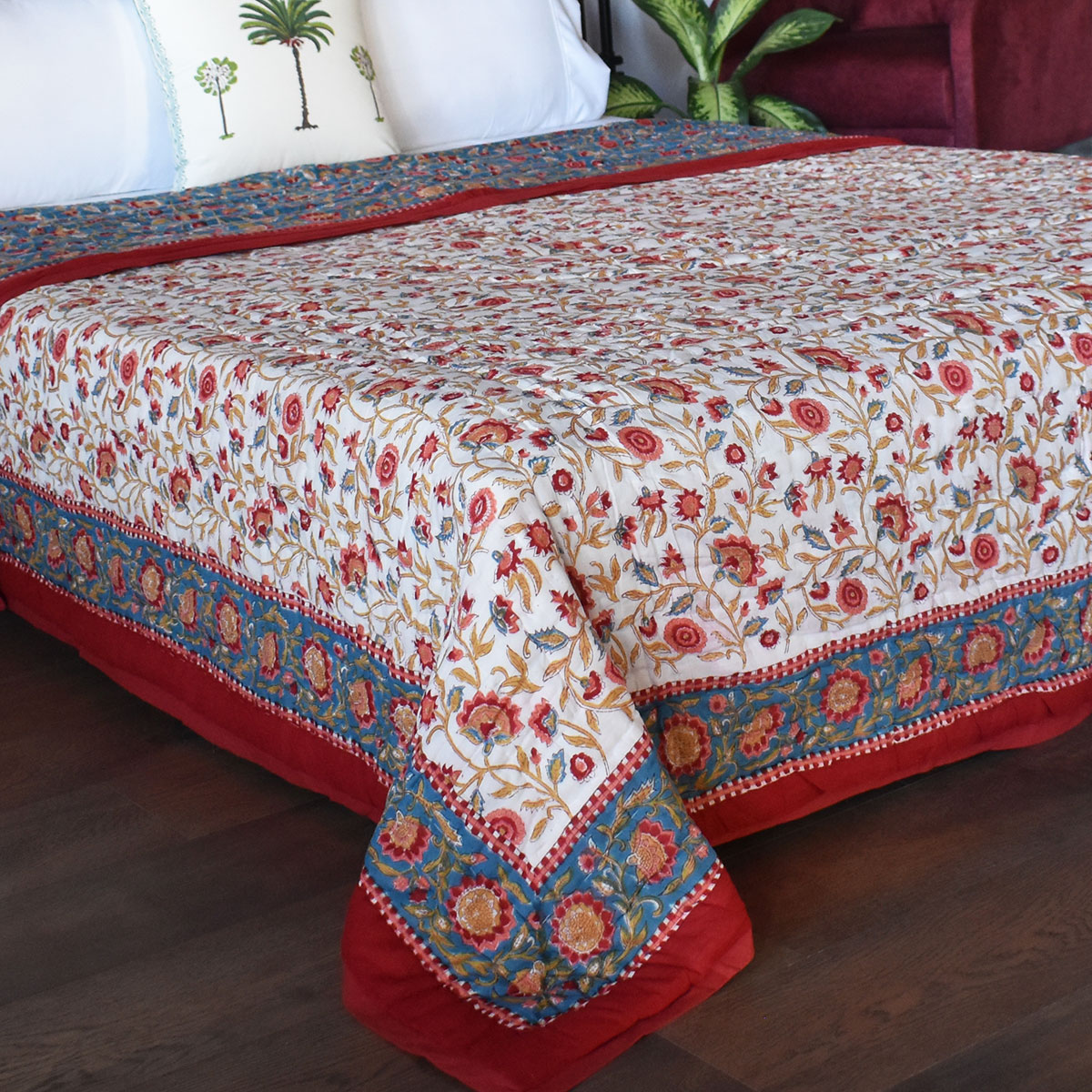 Hand Block Printed Cotton Queen Size Quilt Kashida Gud 302011