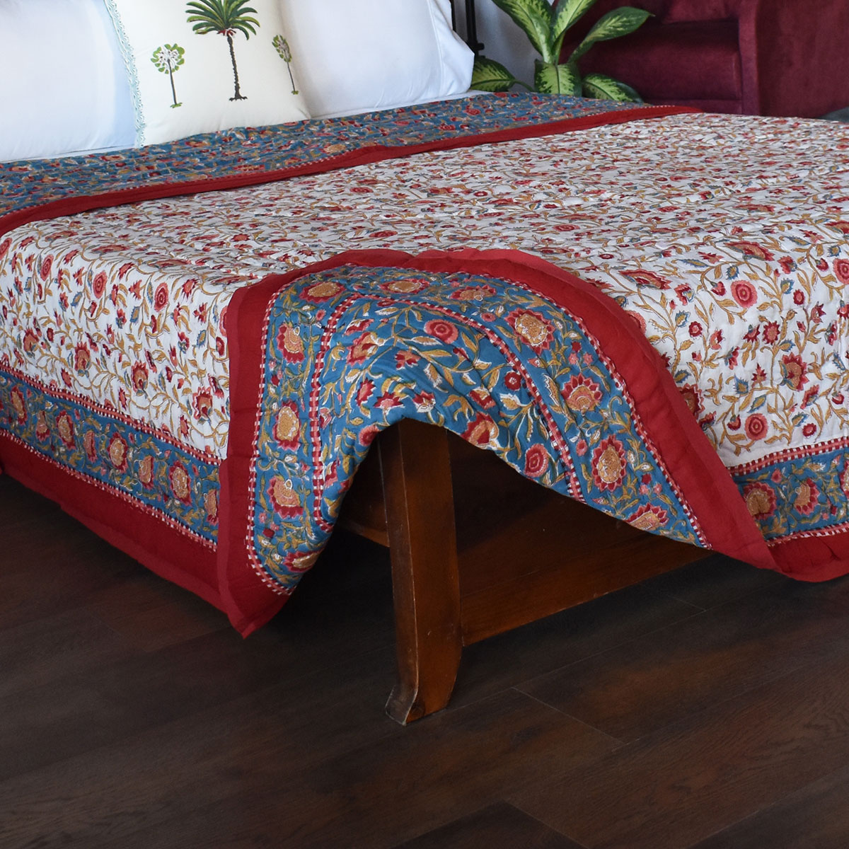 Hand Block Printed Cotton Queen Size Quilt Kashida Gud 302011