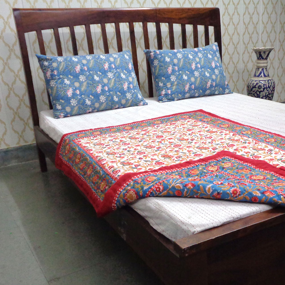 Hand Block Printed Baby Quilt 100x140 cm Jaipur Razai Kashida Gud 302011