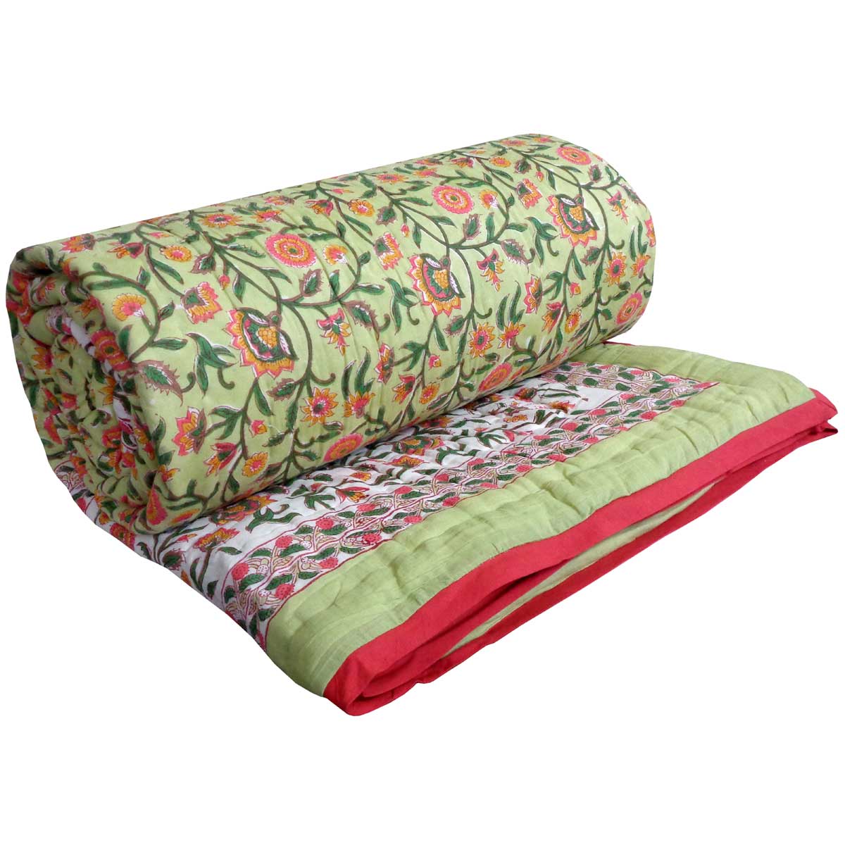 Hand Block Printed Cotton Quilt King Size  Kashida Jade 806005