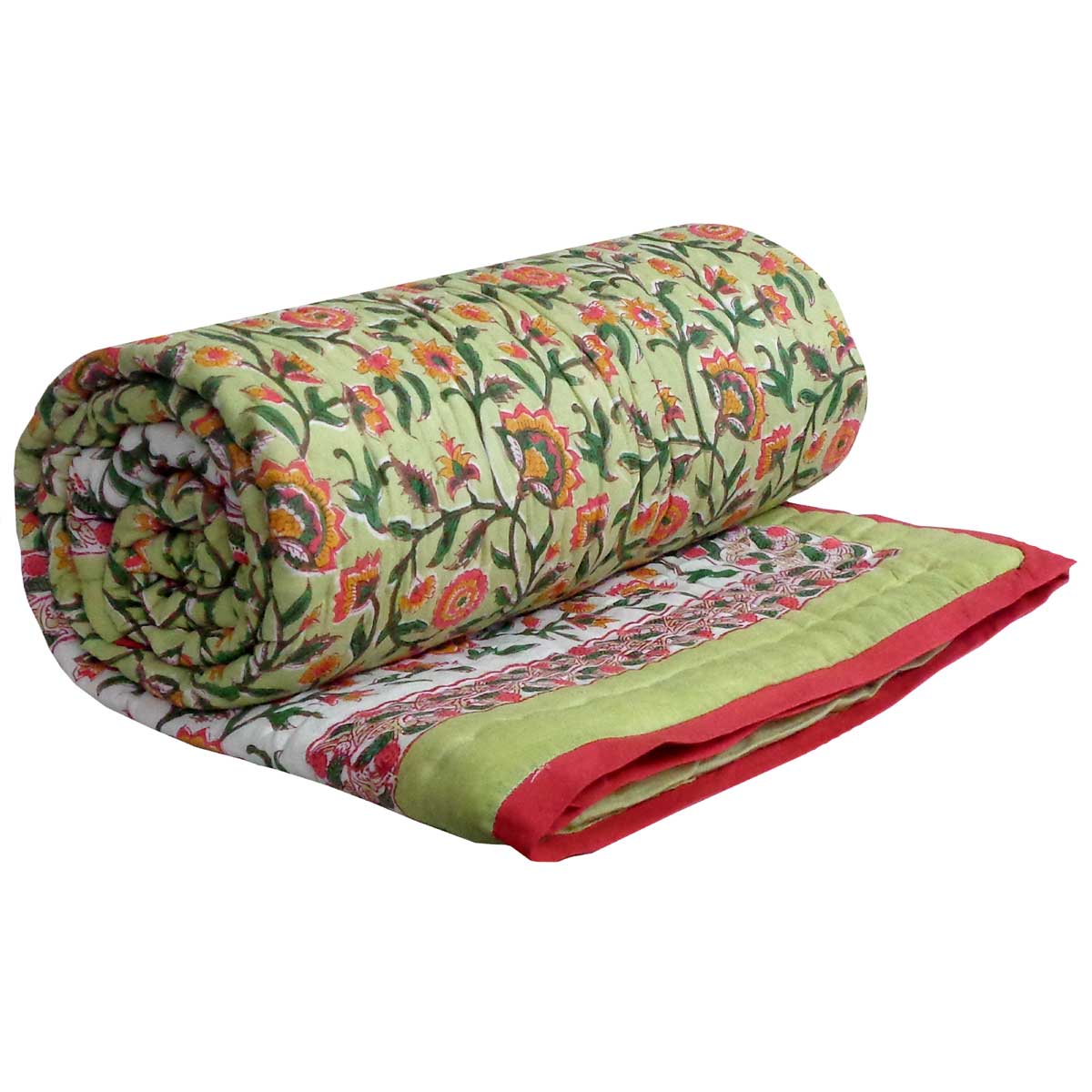 Hand Block Printed Cotton Twin Size Quilt Kashida Jade 806005