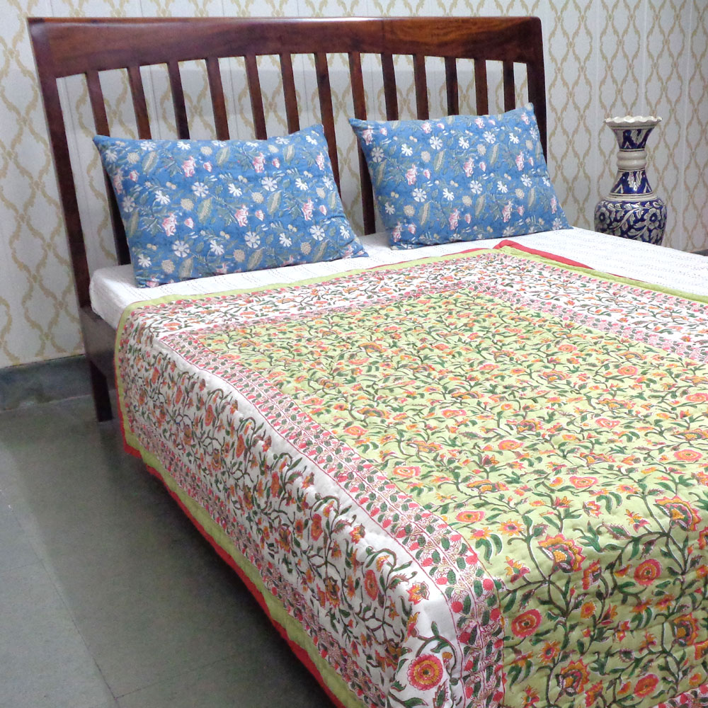 Hand Block Printed Cotton Twin Size Quilt Kashida Jade 806005