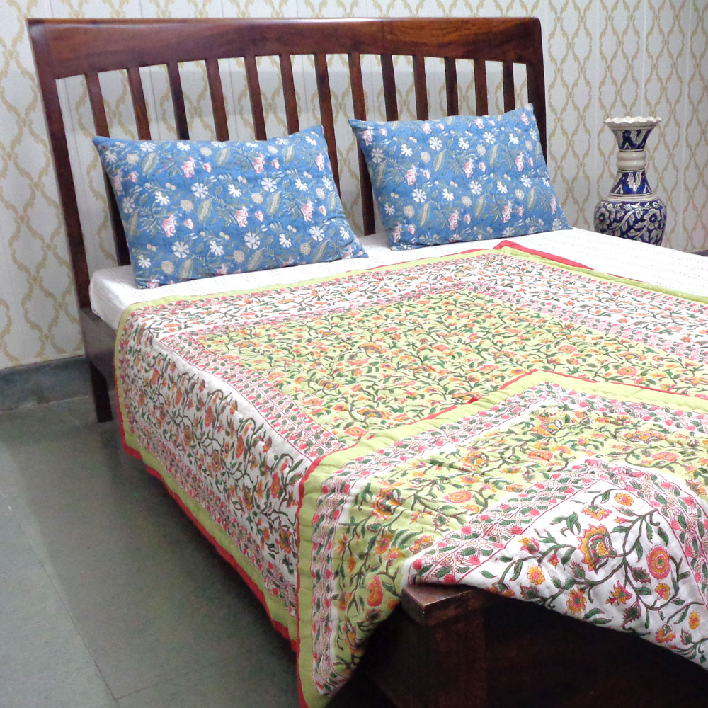 Hand Block Printed Cotton Twin Size Quilt Kashida Jade 806005