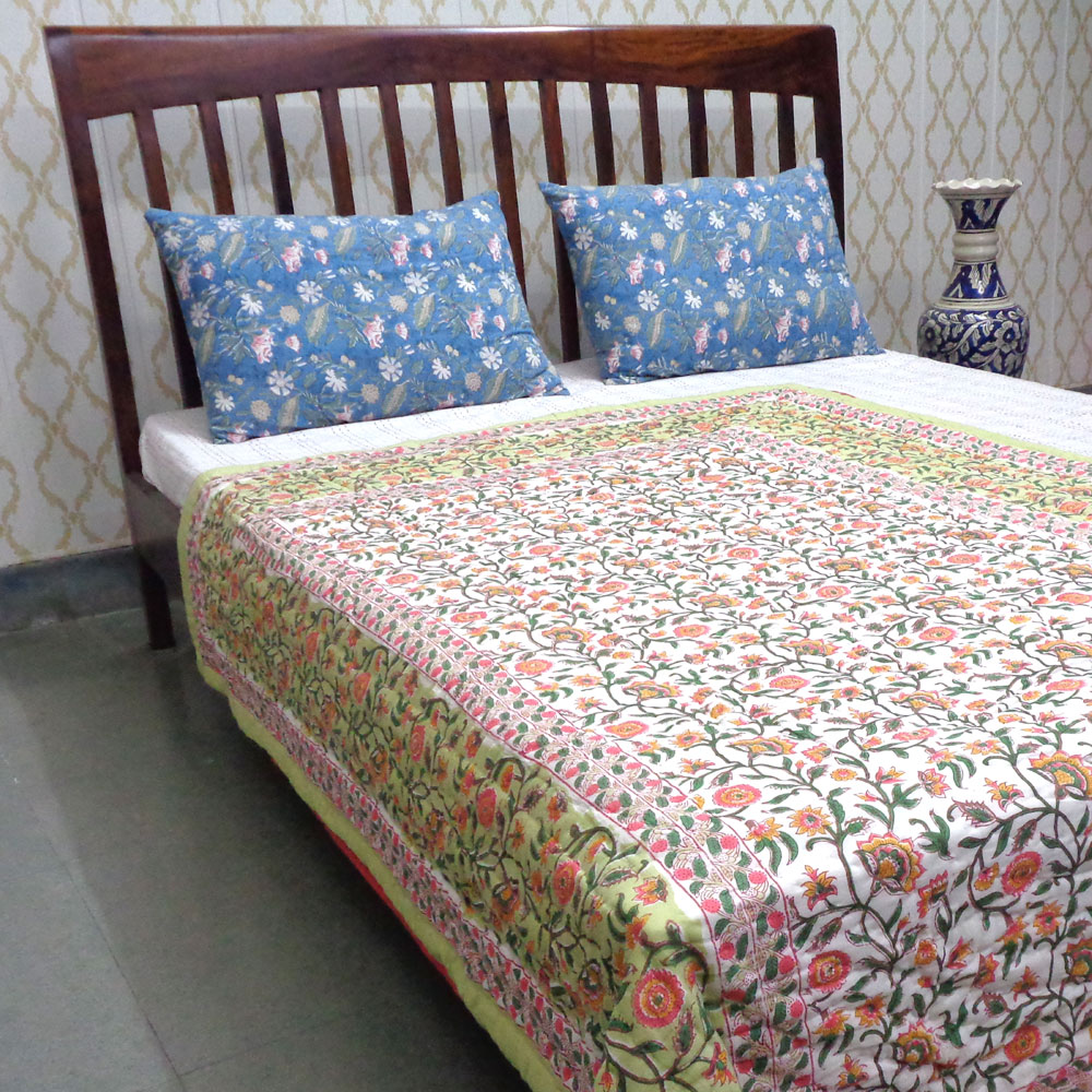 Hand Block Printed Cotton Twin Size Quilt Kashida Jade 806005