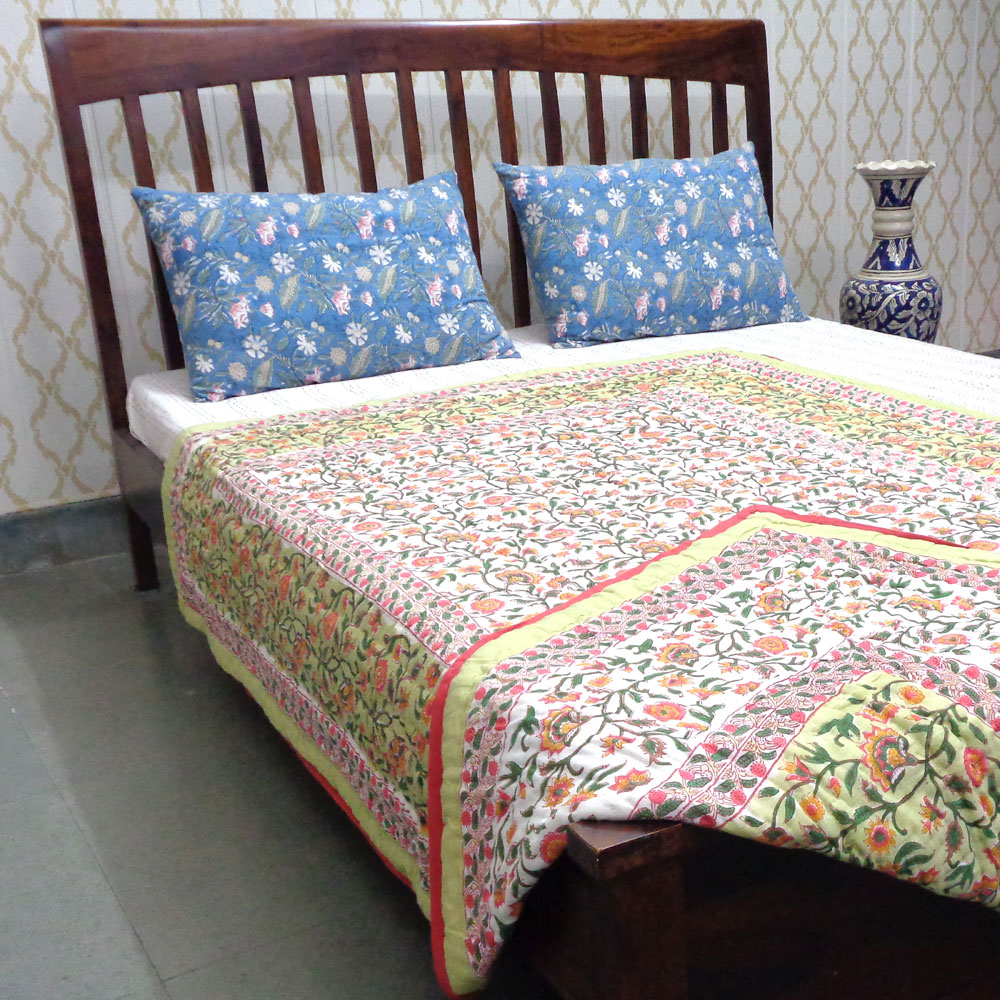 Hand Block Printed Cotton Twin Size Quilt Kashida Jade 806005