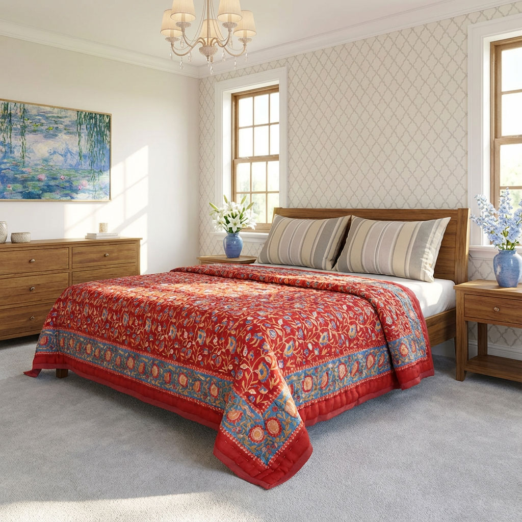 Hand Block Printed Cotton Twin Size Quilt Kashida Red 303581