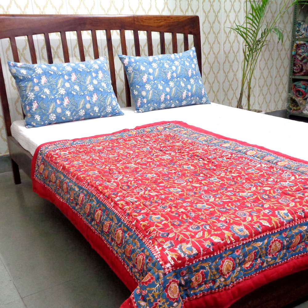 Hand Block Printed Baby Quilt 100x140 cm Jaipur Razai Kashida Red 303581
