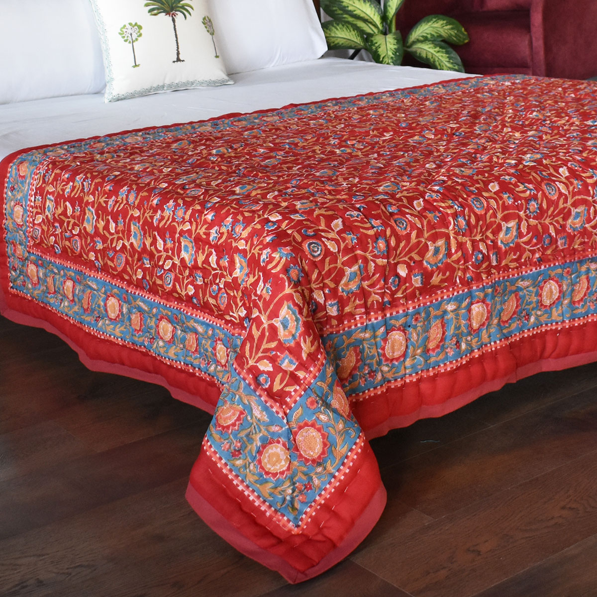 Hand Block Printed Cotton Twin Size Quilt Kashida Red 303581