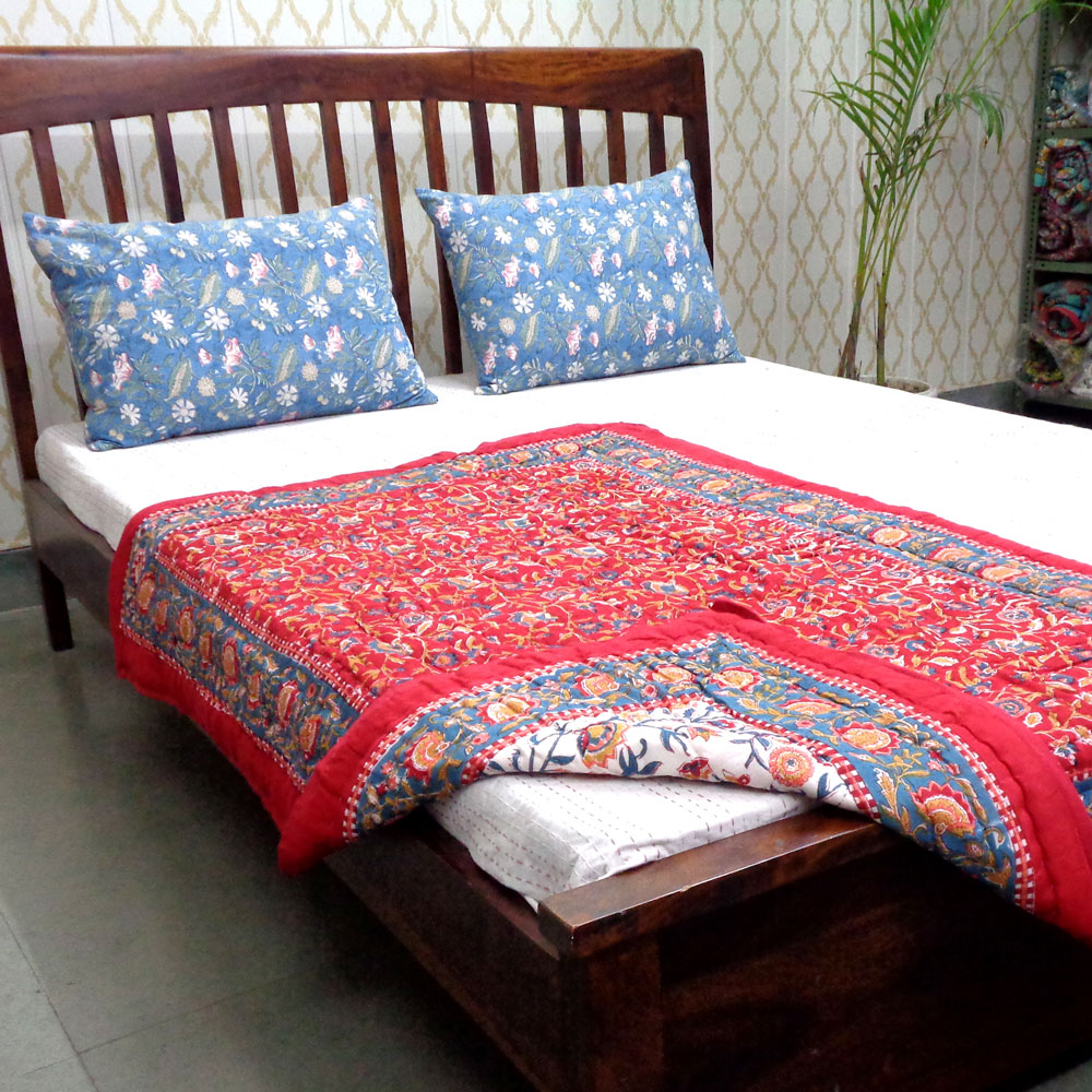 Hand Block Printed Baby Quilt 100x140 cm Jaipur Razai Kashida Red 303581