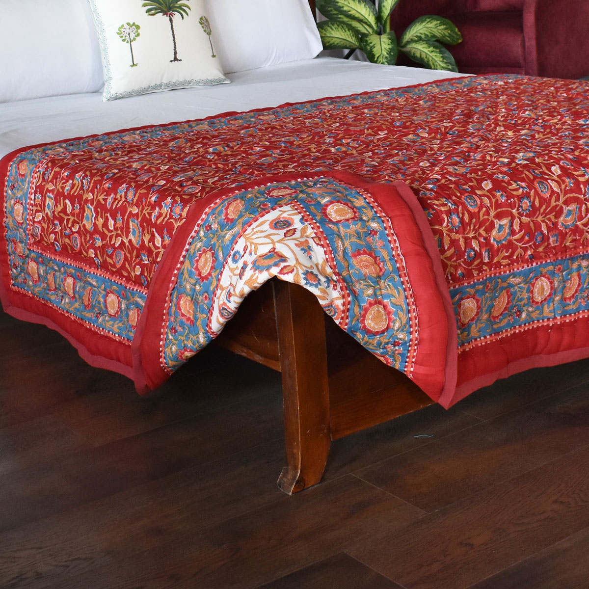 Hand Block Printed Cotton Twin Size Quilt Kashida Red 303581