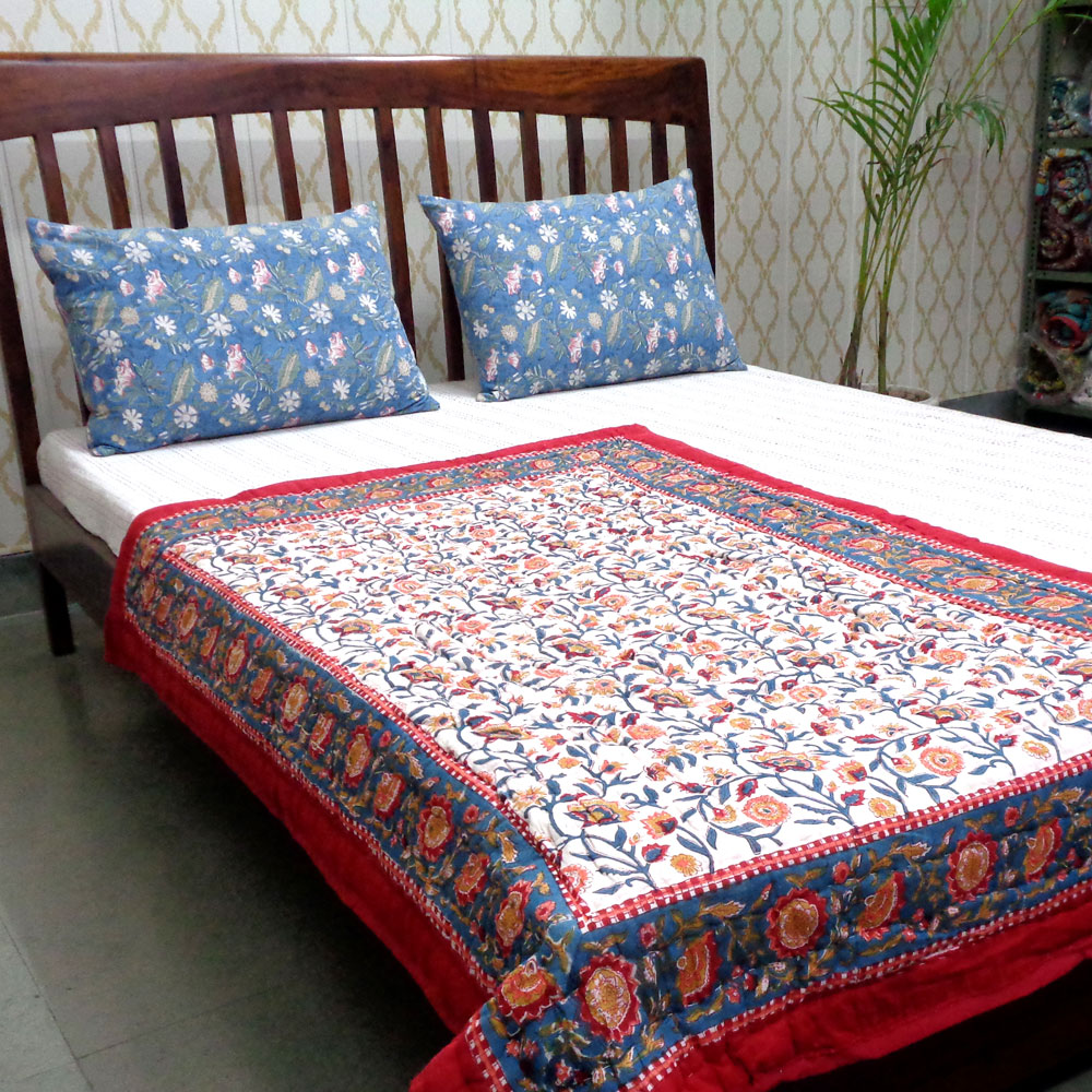 Hand Block Printed Baby Quilt 100x140 cm Jaipur Razai Kashida Red 303581