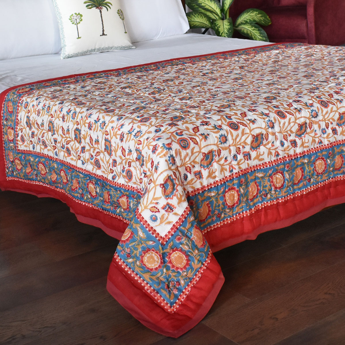 Hand Block Printed Cotton Twin Size Quilt Kashida Red 303581