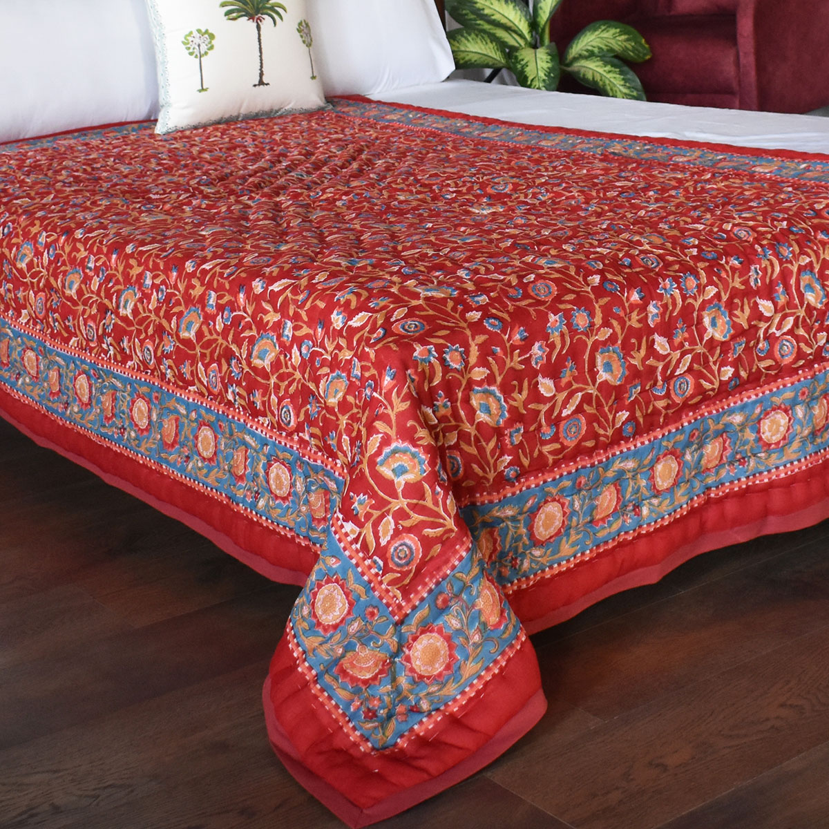 Hand Block Printed Cotton Twin Size Quilt Kashida Red 303581