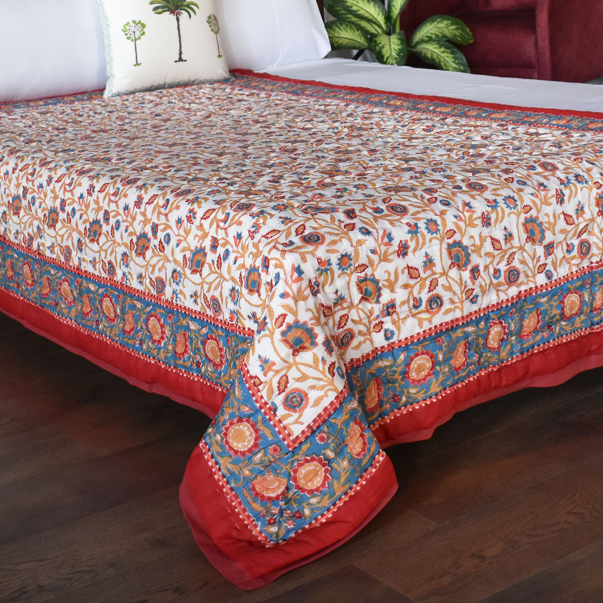 Hand Block Printed Cotton Twin Size Quilt Kashida Red 303581
