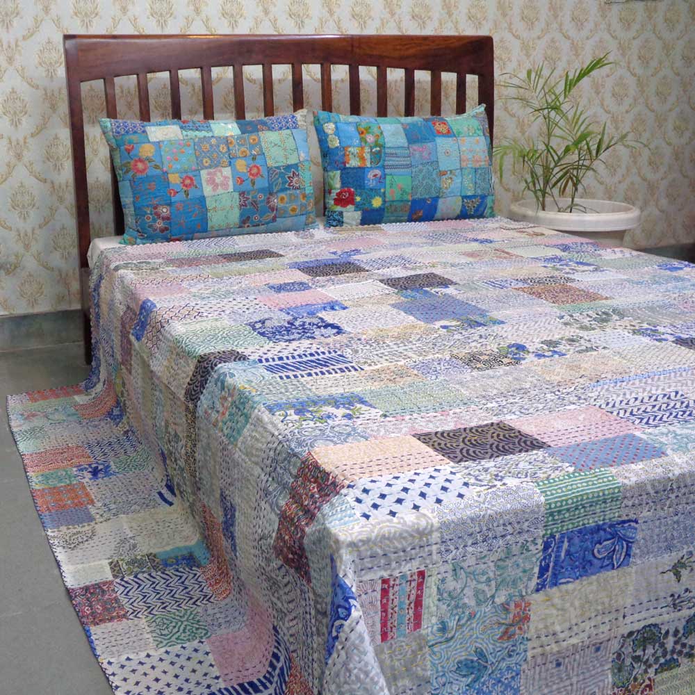 Hand Block Printed Cotton Queen Size Patchwork Bedspread Kantha  207356