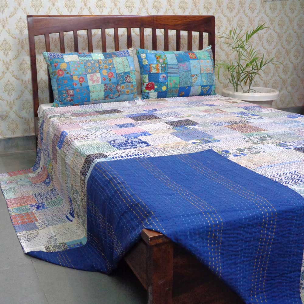 Hand Block Printed Cotton Queen Size Patchwork Bedspread Kantha  207356