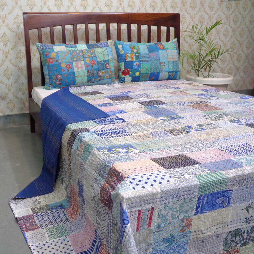 Hand Block Printed Cotton Queen Size Patchwork Bedspread Kantha 207356