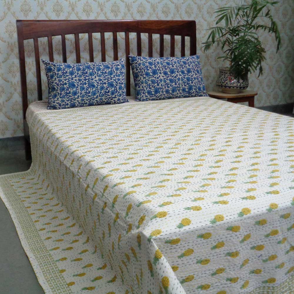 Kantha Cotton Queen Size  Slanting Pineapple Lime 100424