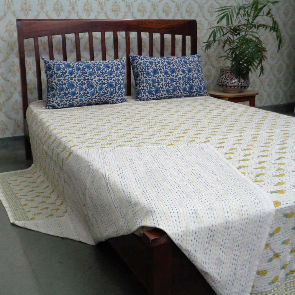 Kantha Cotton Queen Size  Slanting Pineapple Lime 100424