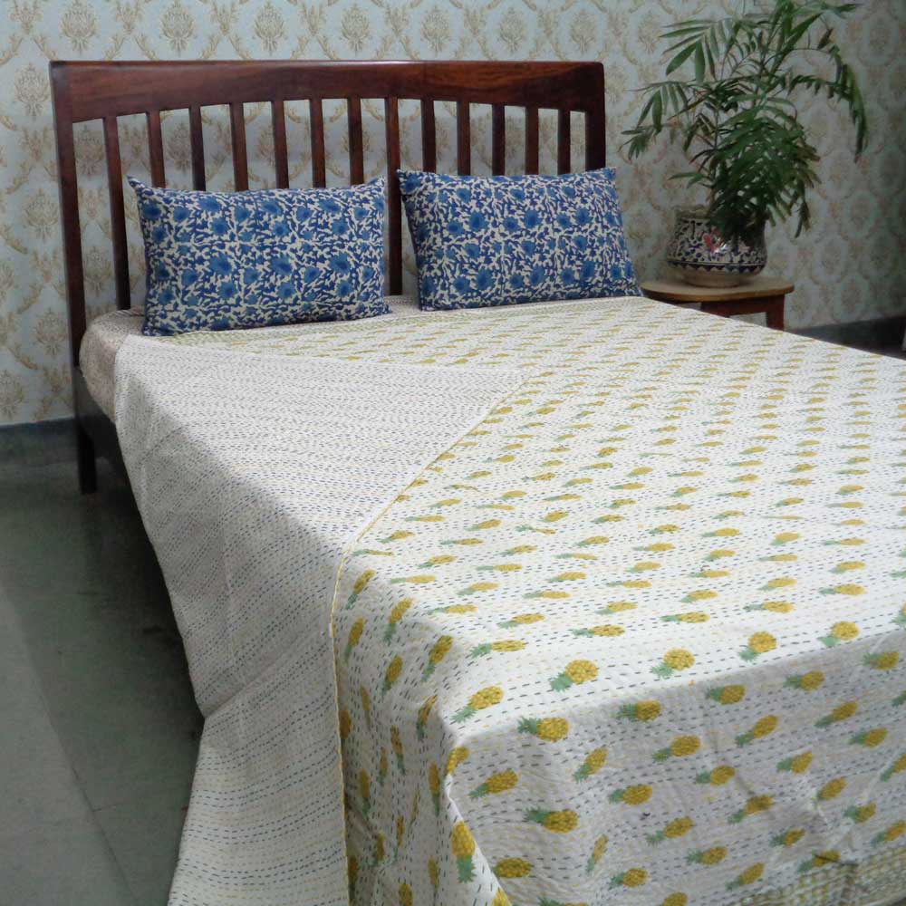Kantha Cotton Queen Size  Slanting Pineapple Lime 100424