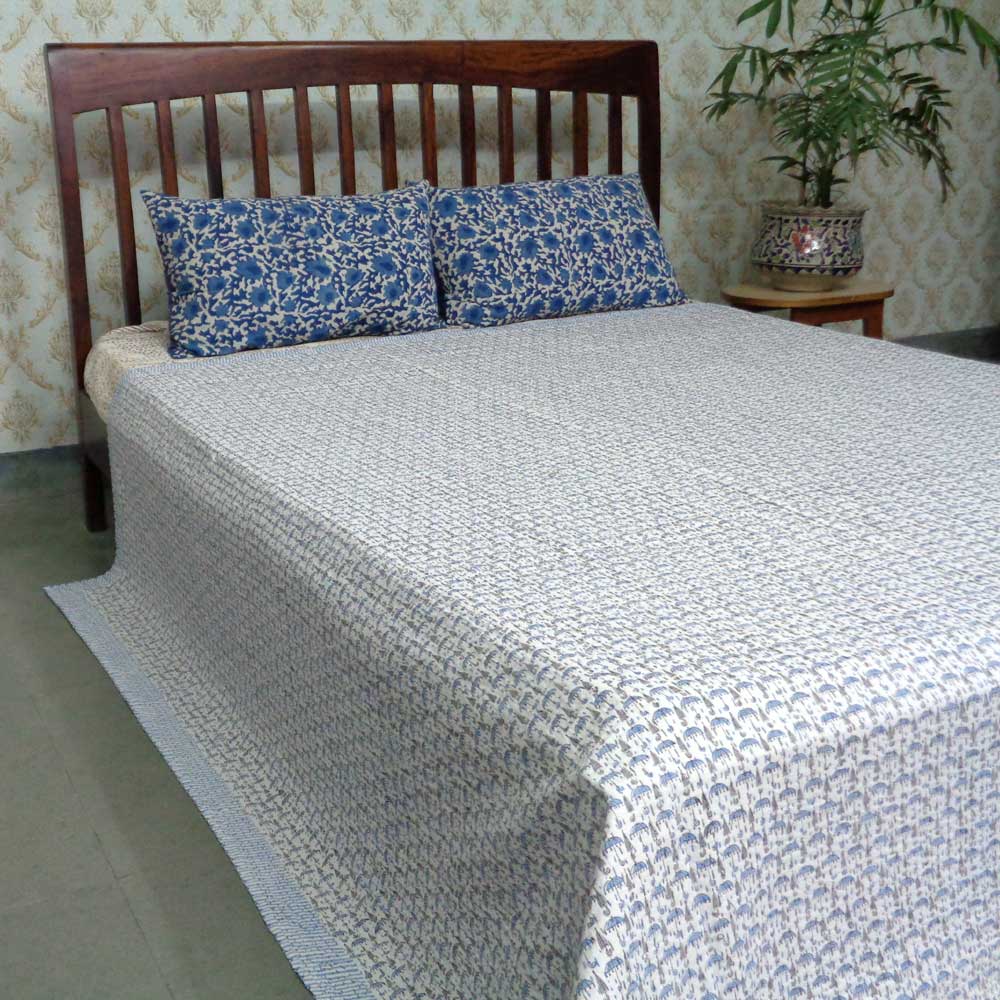 Design Umbrella Grey 109697 Block Printed QUEEN SIZE Single-Width Kantha