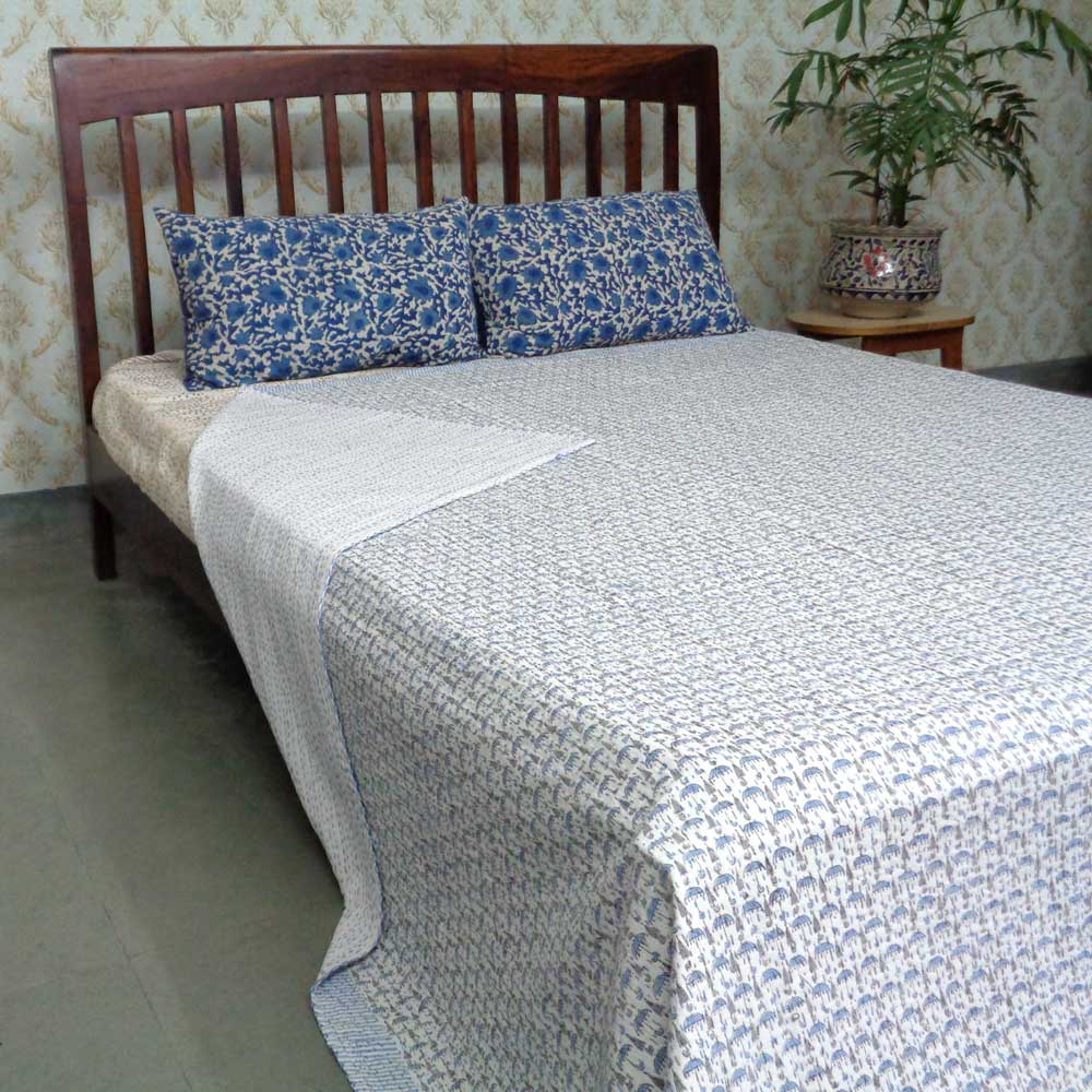 Design Umbrella Grey 109697 Block Printed QUEEN SIZE Single-Width Kantha