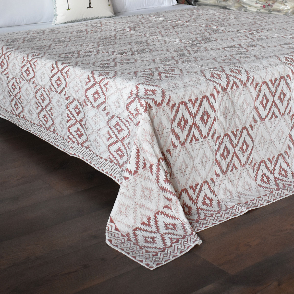 Hand Block Printed Cotton Sanganer Kantha Queen Size  Aztec Cappuccino 173548