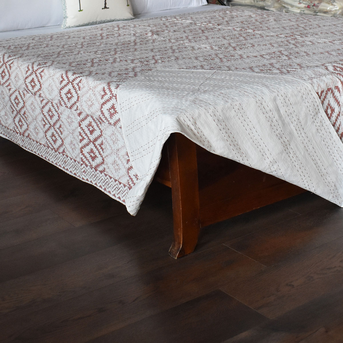 Hand Block Printed Cotton Sanganer Kantha Queen Size Aztec Cappuccino 173548