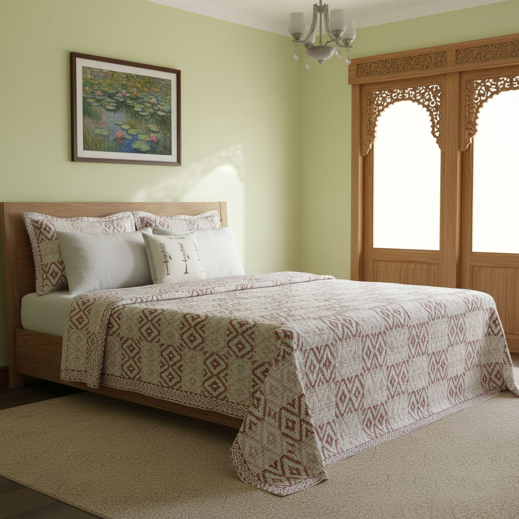 Hand Block Printed Cotton Sanganer Kantha Queen Size Aztec Cappuccino 173548