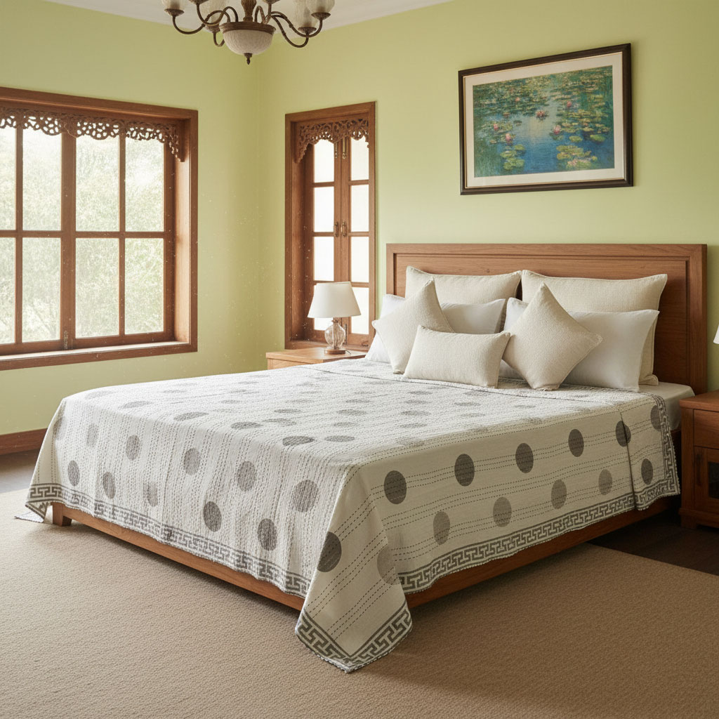 Hand Block Printed Cotton Sanganer Kantha Queen Size  Bindi Cappuccino 171956