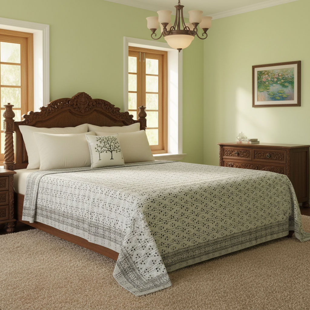 Hand Block Printed Cotton Sanganer Kantha Queen Size Booti Datta Grey 104335